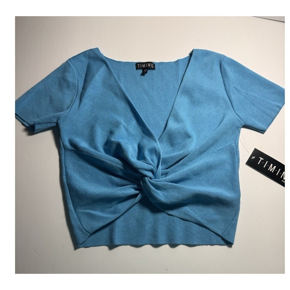 Timing Blue Ribbed Twist Front V-Neck Short Sleeve Crop Top Womens‎ M Summer Tee